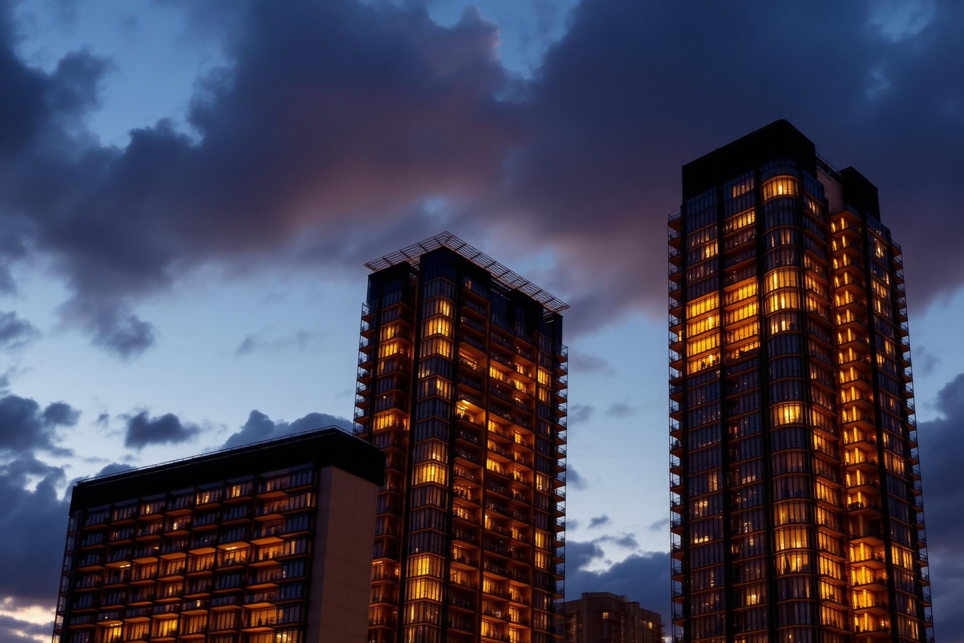 Hallmark Altus twin residential towers at dusk — representative image